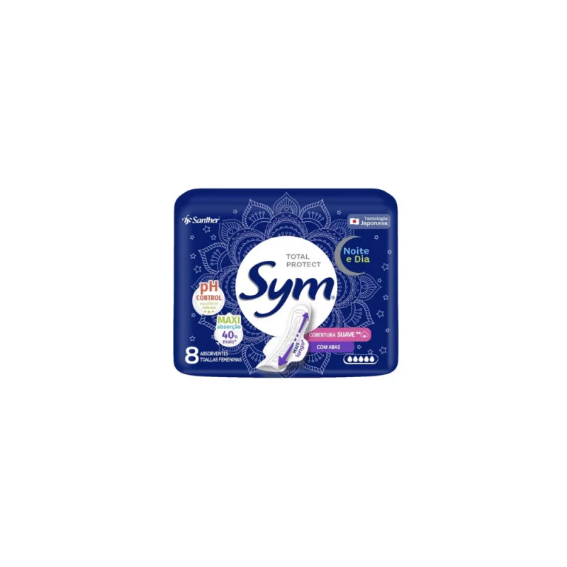 Absorvente com Abas Sym Suave Dia e Noite Pct 8Un