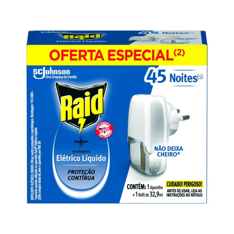 Inseticida Raid Difusor Eletrico Aparelho Mais 01 Refil 45 Noites