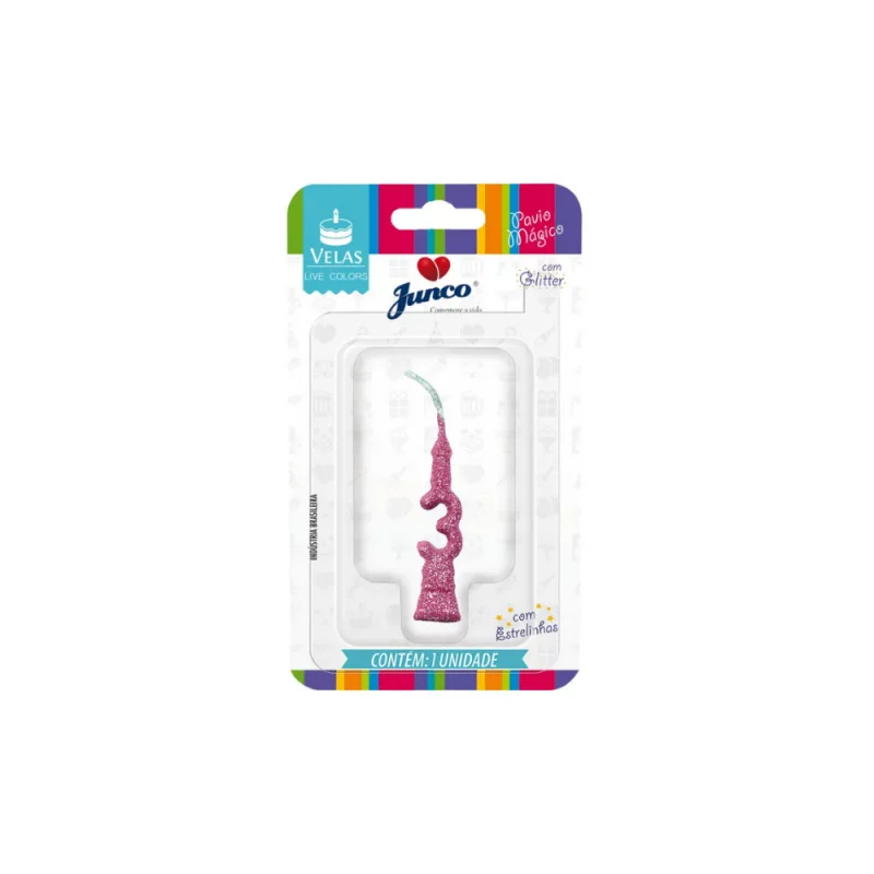 Vela Aniv. Junco Mini Glitter Rosa Bebe N.3