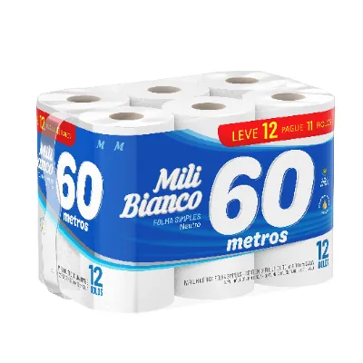 Papel Higienico Mili Bianco Neutro 60metros Leve12 Pague 11un